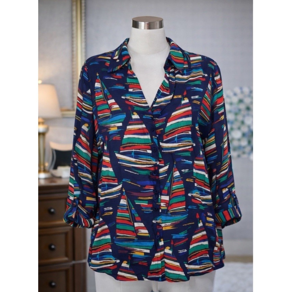 Soft Surroundings Button Up Blouse Top Sailboat Lyocell Lightweight Size PM